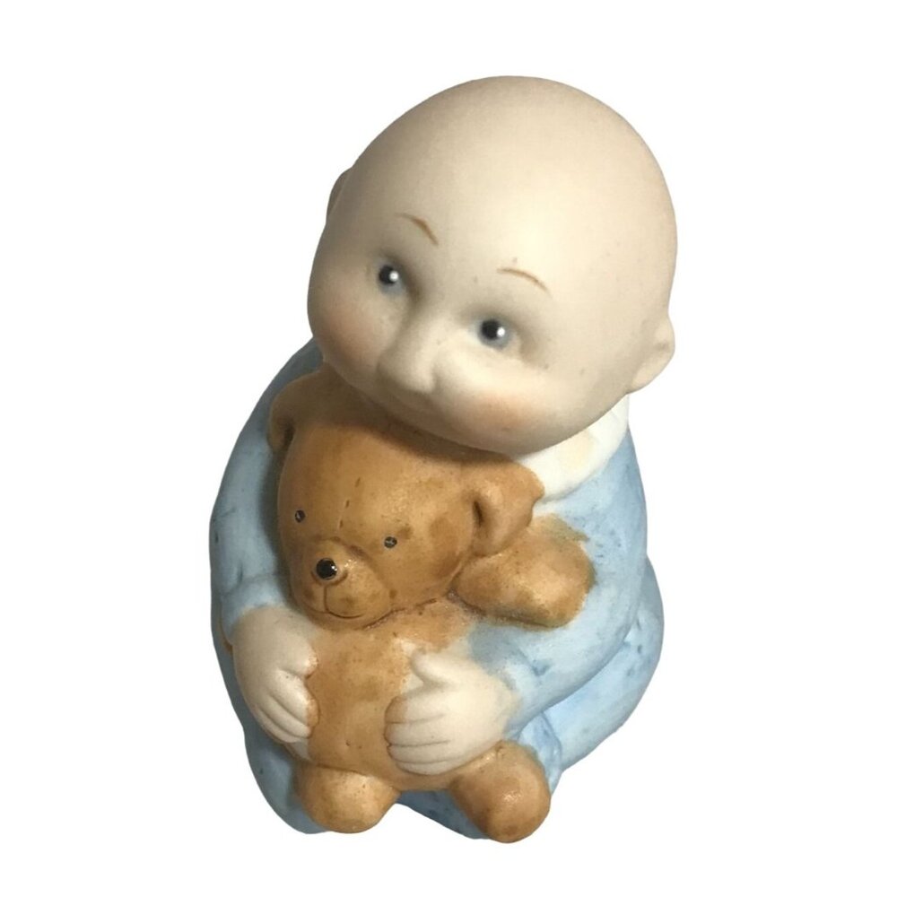 Cabbage Patch Kids Bisque Figurine Baby Boy Blue Sleeper 2.5" Teddy Bear 1984